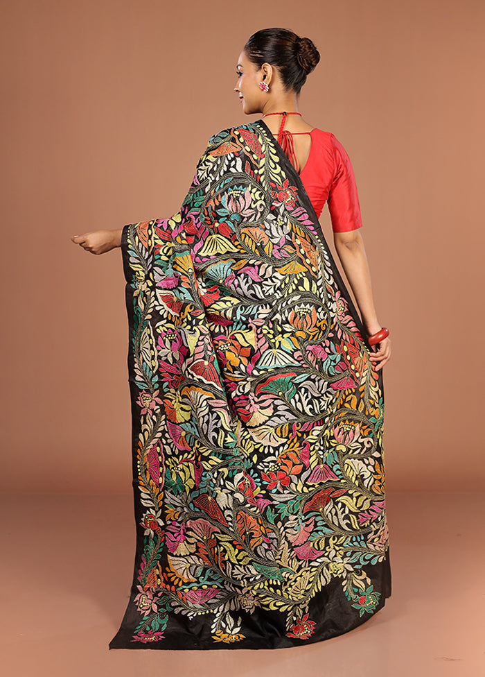 Black Handloom Kantha Stitch Pure Silk Saree With Blouse Piece