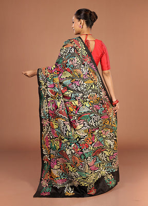 Black Handloom Kantha Stitch Pure Silk Saree With Blouse Piece