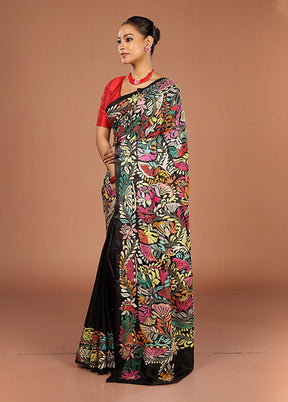 Black Handloom Kantha Stitch Pure Silk Saree With Blouse Piece