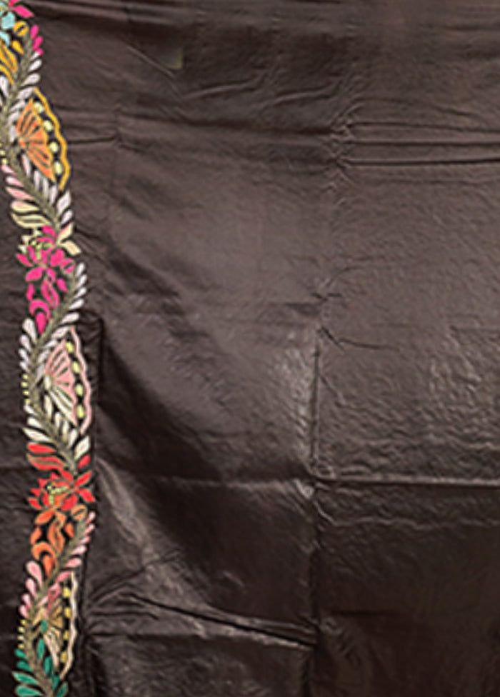 Black Handloom Kantha Stitch Pure Silk Saree With Blouse Piece