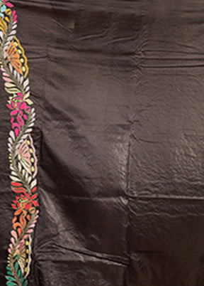 Black Handloom Kantha Stitch Pure Silk Saree With Blouse Piece