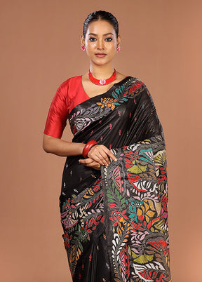 Black Handloom Kantha Stitch Pure Silk Saree With Blouse Piece