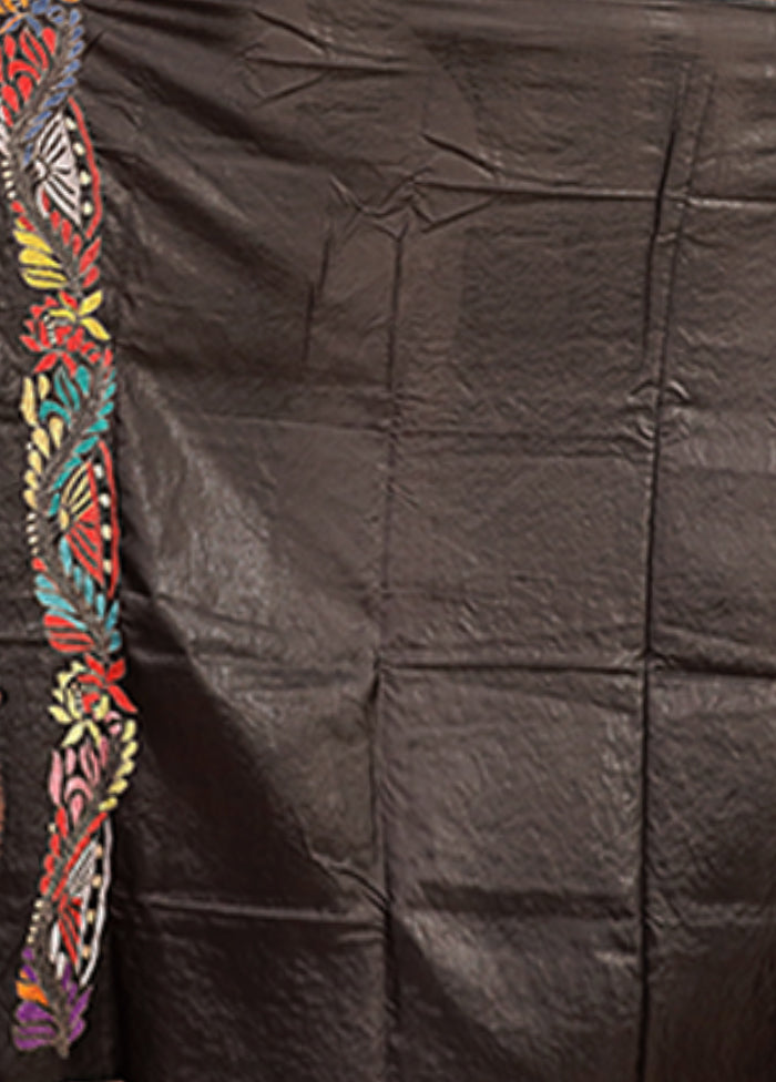 Black Handloom Kantha Stitch Pure Silk Saree With Blouse Piece