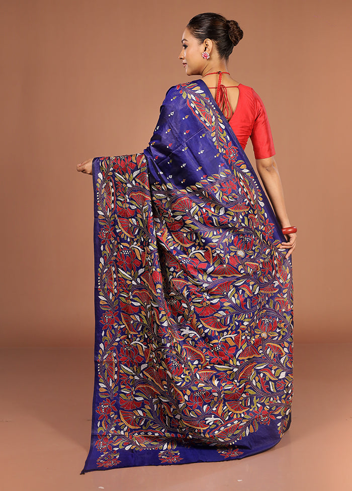 Blue Handloom Kantha Stitch Pure Silk Saree With Blouse Piece
