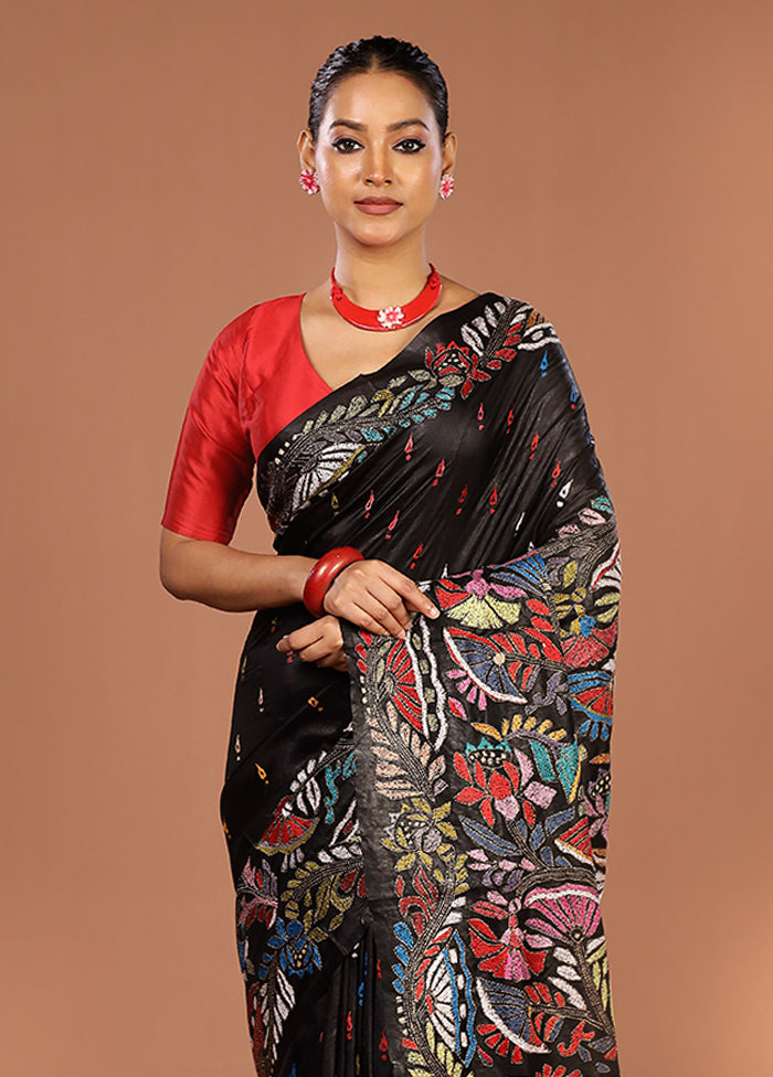 Black Handloom Kantha Stitch Pure Silk Saree With Blouse Piece