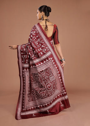 Maroon Handloom Kantha Stitch Pure Silk Saree With Blouse Piece