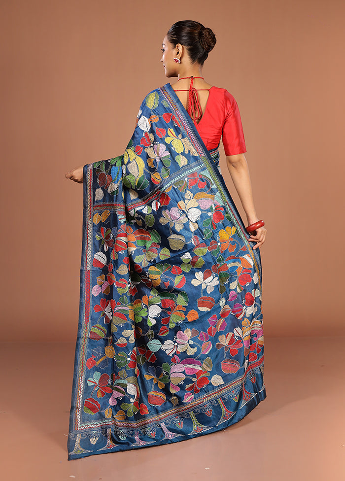 Blue Handloom Kantha Stitch Pure Silk Saree With Blouse Piece