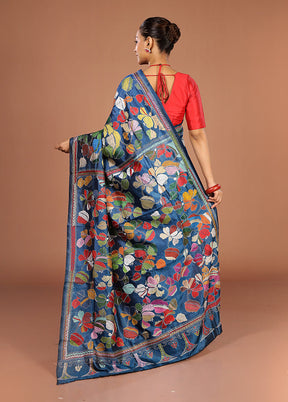 Blue Handloom Kantha Stitch Pure Silk Saree With Blouse Piece