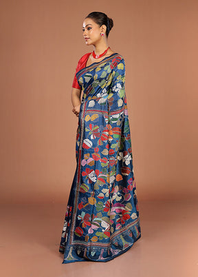 Blue Handloom Kantha Stitch Pure Silk Saree With Blouse Piece