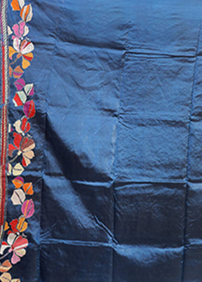 Blue Handloom Kantha Stitch Pure Silk Saree With Blouse Piece
