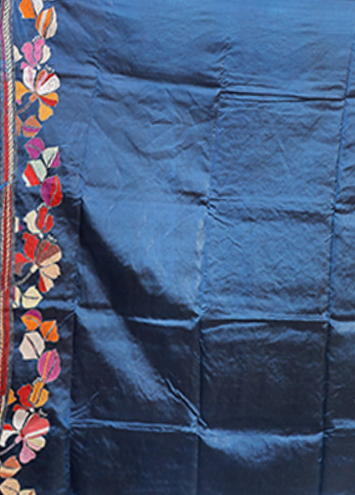 Blue Handloom Kantha Stitch Pure Silk Saree With Blouse Piece