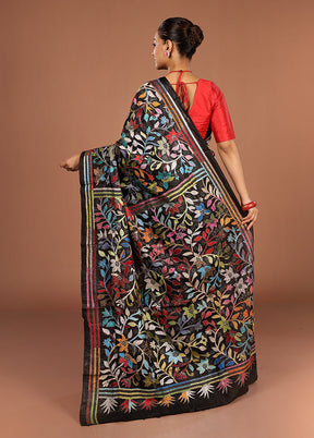 Black Handloom Kantha Stitch Pure Silk Saree With Blouse Piece