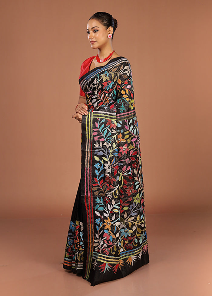 Black Handloom Kantha Stitch Pure Silk Saree With Blouse Piece