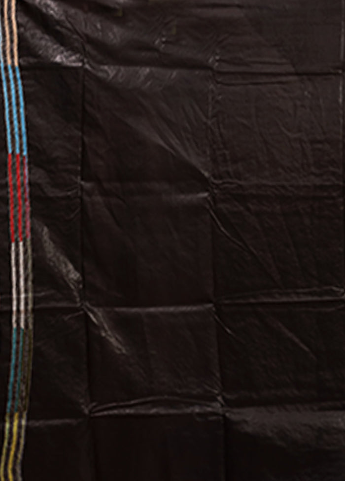 Black Handloom Kantha Stitch Pure Silk Saree With Blouse Piece