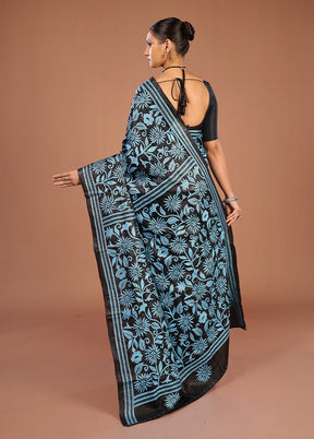 Black Handloom Kantha Stitch Pure Silk Saree With Blouse Piece