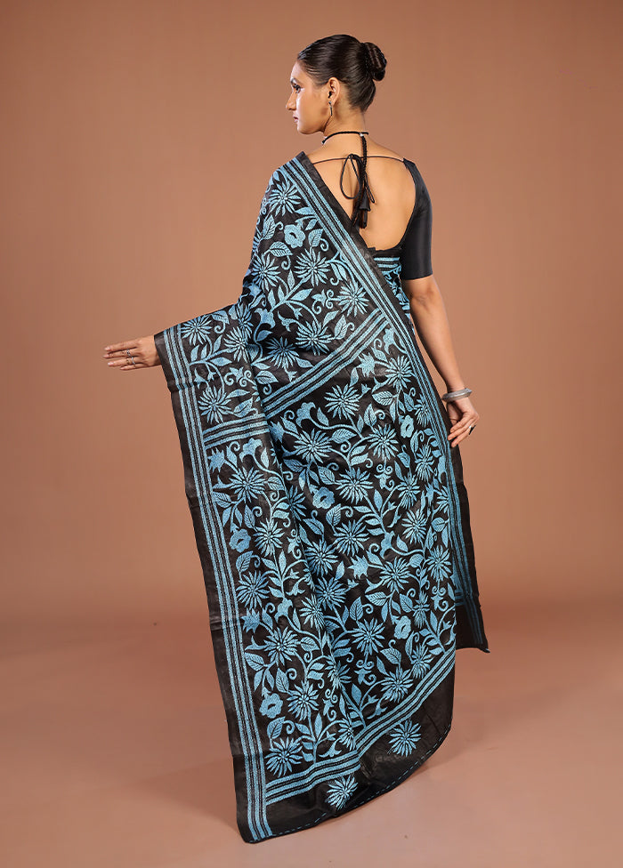Black Handloom Kantha Stitch Pure Silk Saree With Blouse Piece