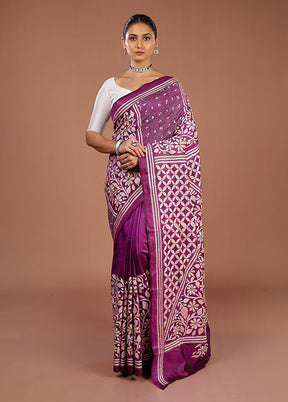 Purple Handloom Kantha Stitch Pure Silk Saree With Blouse Piece