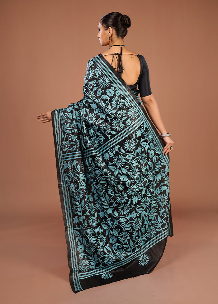 Black Handloom Kantha Stitch Pure Silk Saree With Blouse Piece