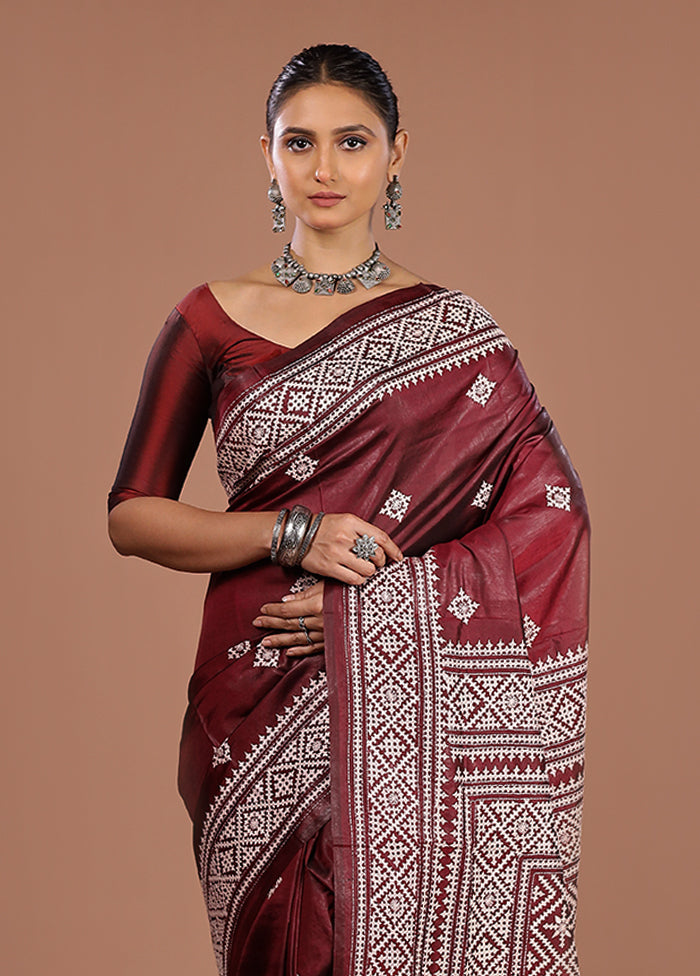 Maroon Handloom Kantha Stitch Pure Silk Saree With Blouse Piece