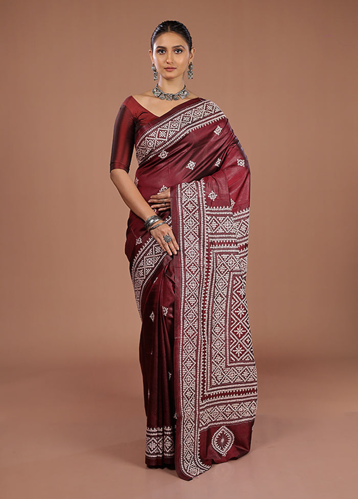 Maroon Handloom Kantha Stitch Pure Silk Saree With Blouse Piece