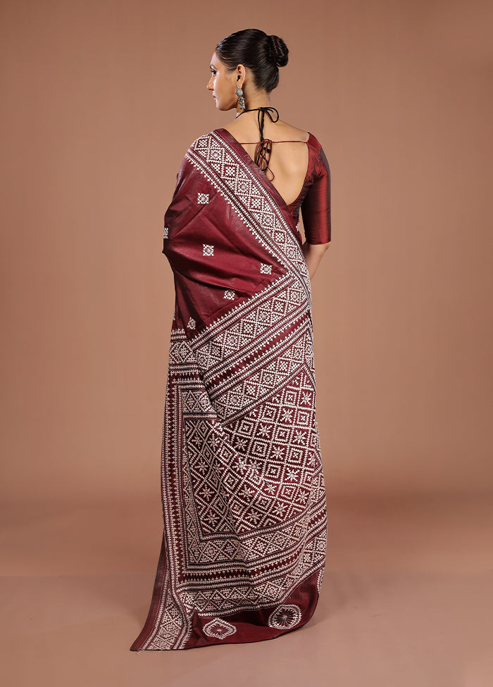 Maroon Handloom Kantha Stitch Pure Silk Saree With Blouse Piece
