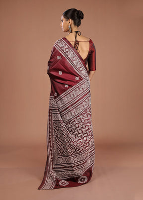 Maroon Handloom Kantha Stitch Pure Silk Saree With Blouse Piece