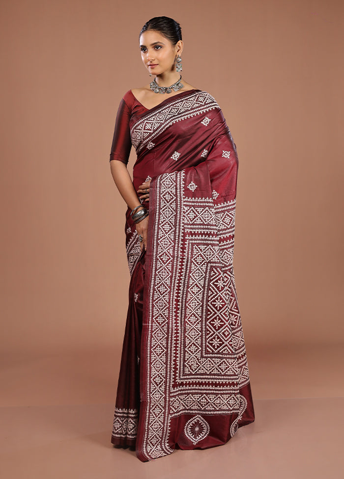 Maroon Handloom Kantha Stitch Pure Silk Saree With Blouse Piece