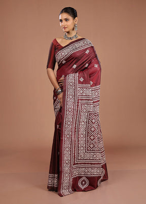 Maroon Handloom Kantha Stitch Pure Silk Saree With Blouse Piece