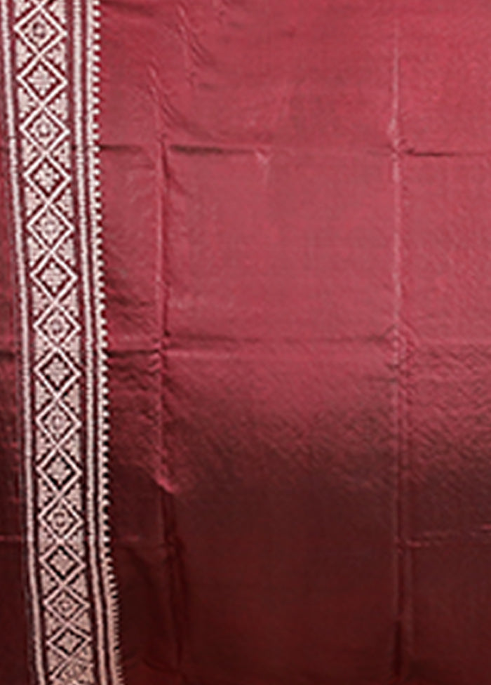 Maroon Handloom Kantha Stitch Pure Silk Saree With Blouse Piece