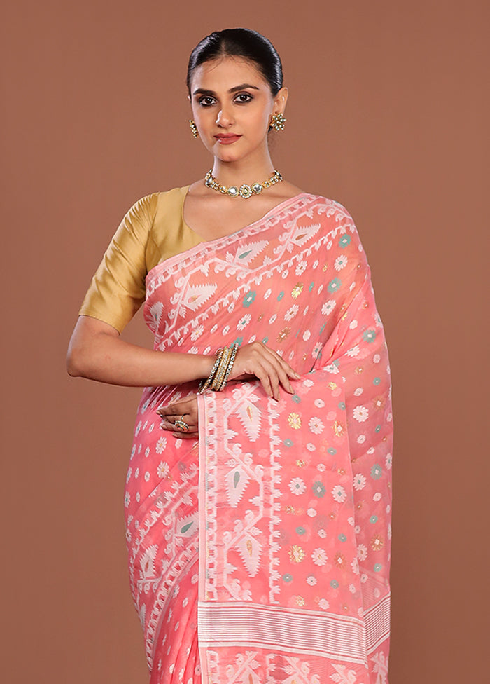 Pink Jamdani Cotton Saree Without Blouse Piece