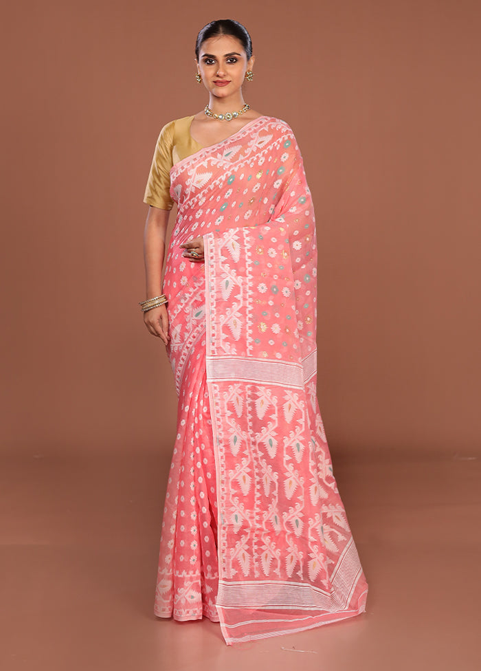 Pink Jamdani Cotton Saree Without Blouse Piece