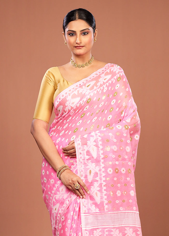 Pink Jamdani Cotton Saree Without Blouse Piece