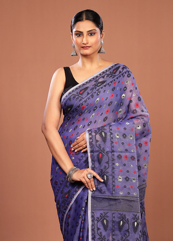Blue Jamdani Cotton Saree Without Blouse Piece