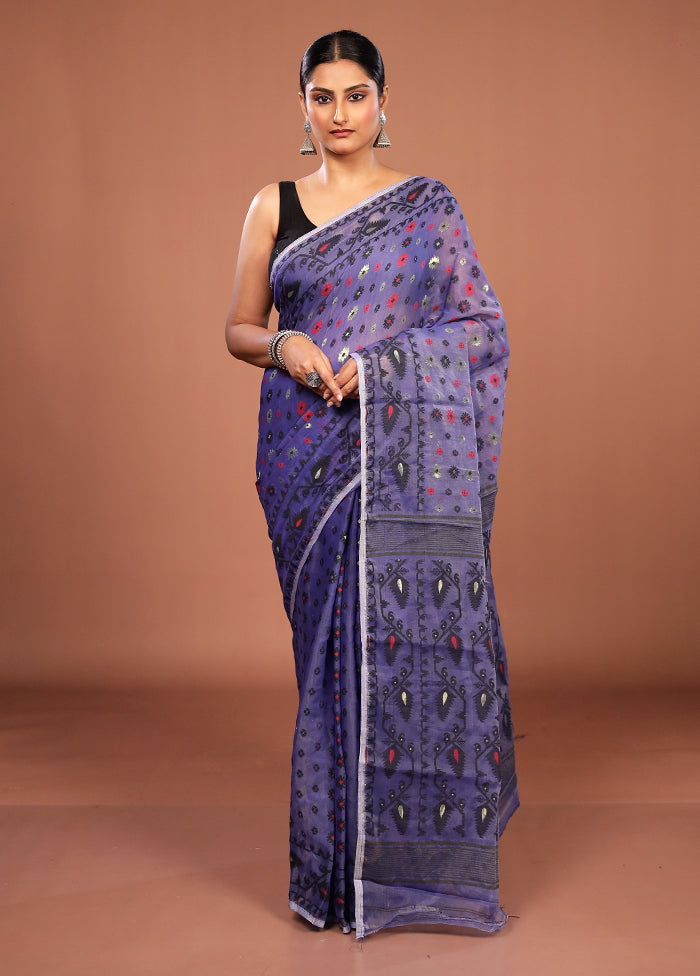 Blue Jamdani Cotton Saree Without Blouse Piece