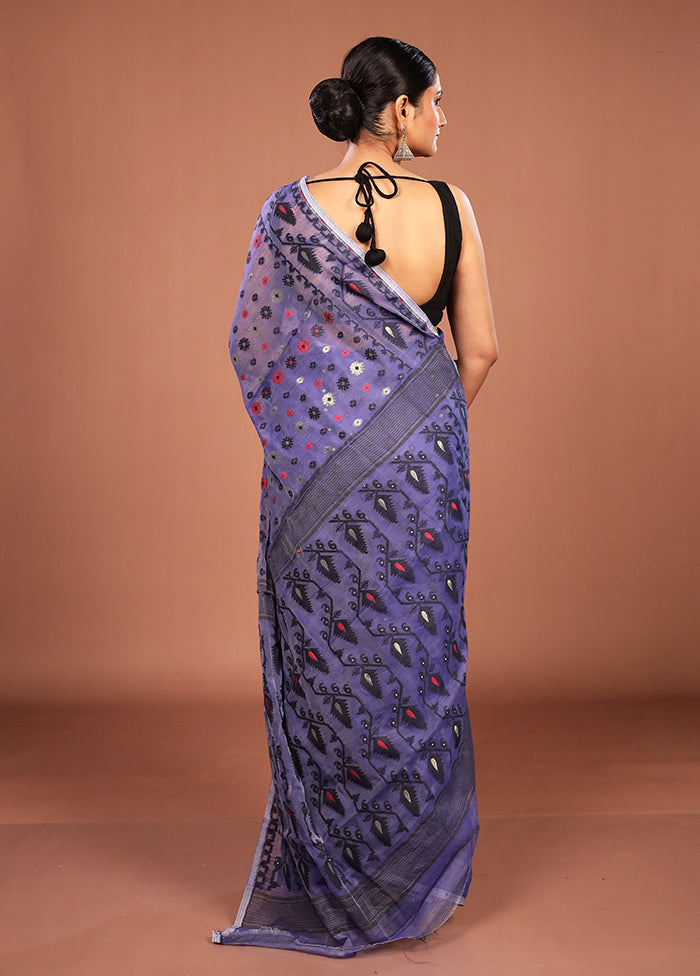 Blue Jamdani Cotton Saree Without Blouse Piece