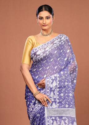 Blue Jamdani Cotton Saree Without Blouse Piece