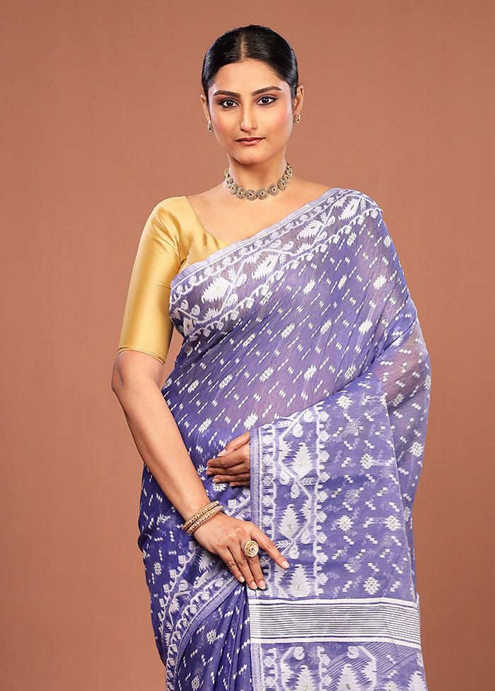 Blue Jamdani Cotton Saree Without Blouse Piece