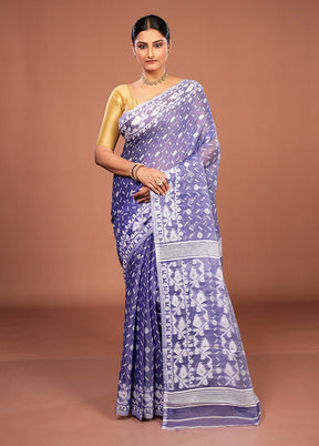 Blue Jamdani Cotton Saree Without Blouse Piece
