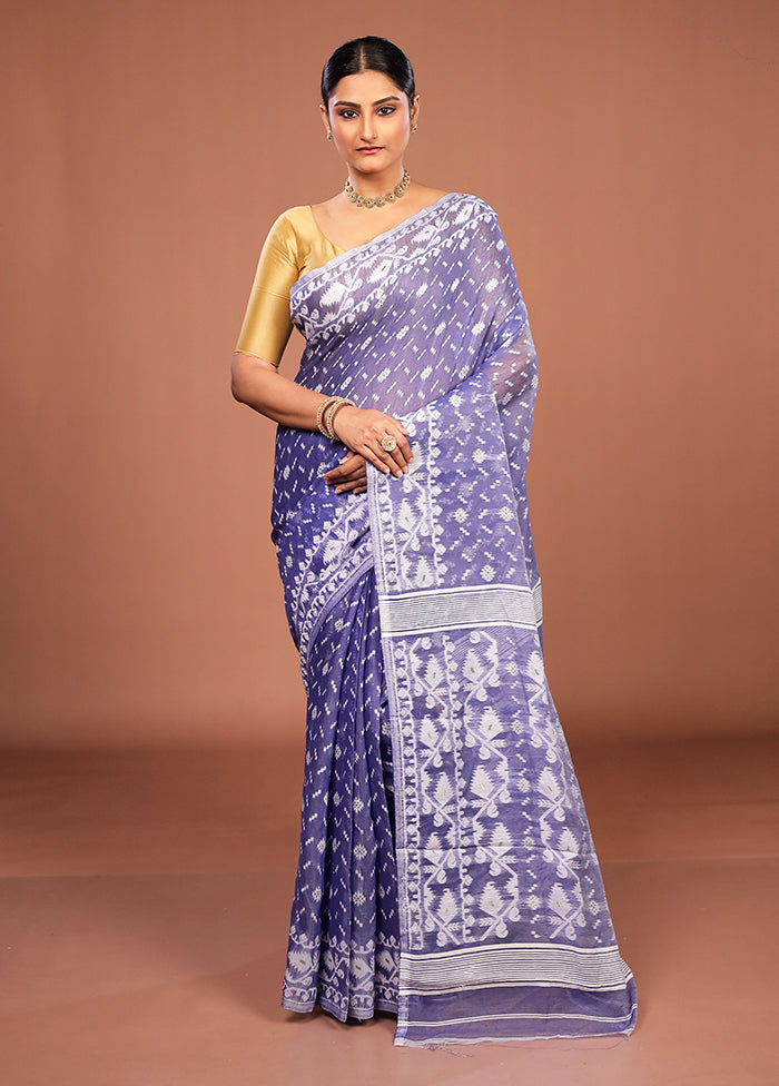 Blue Jamdani Cotton Saree Without Blouse Piece