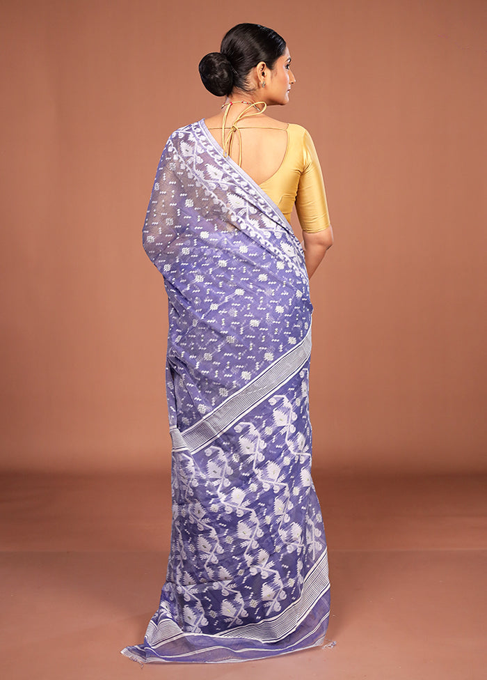 Blue Jamdani Cotton Saree Without Blouse Piece