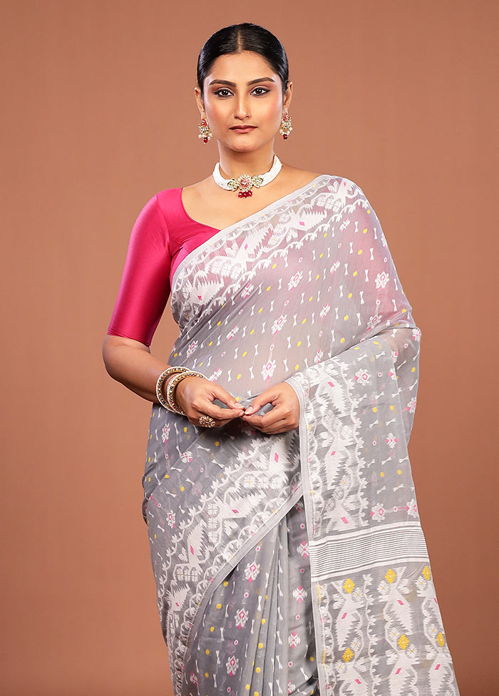 Cream Jamdani Cotton Saree Without Blouse Piece