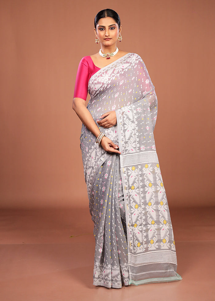 Cream Jamdani Cotton Saree Without Blouse Piece