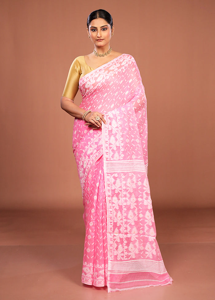 Pink Jamdani Cotton Saree Without Blouse Piece