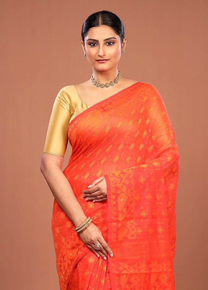 Orange Jamdani Cotton Saree Without Blouse Piece