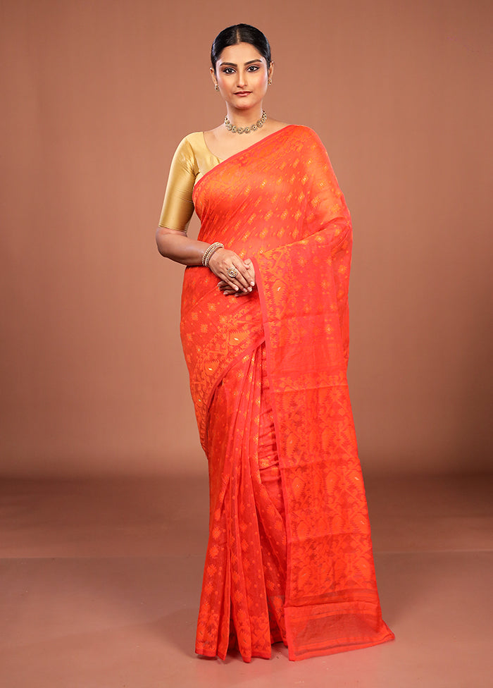 Orange Jamdani Cotton Saree Without Blouse Piece