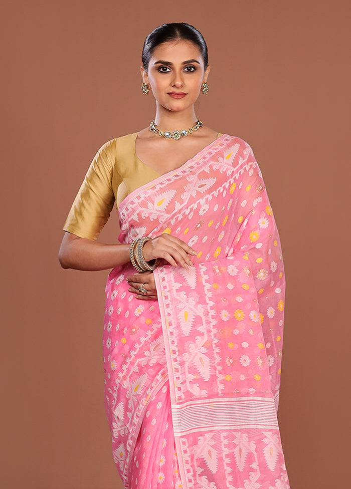 Pink Jamdani Cotton Saree Without Blouse Piece