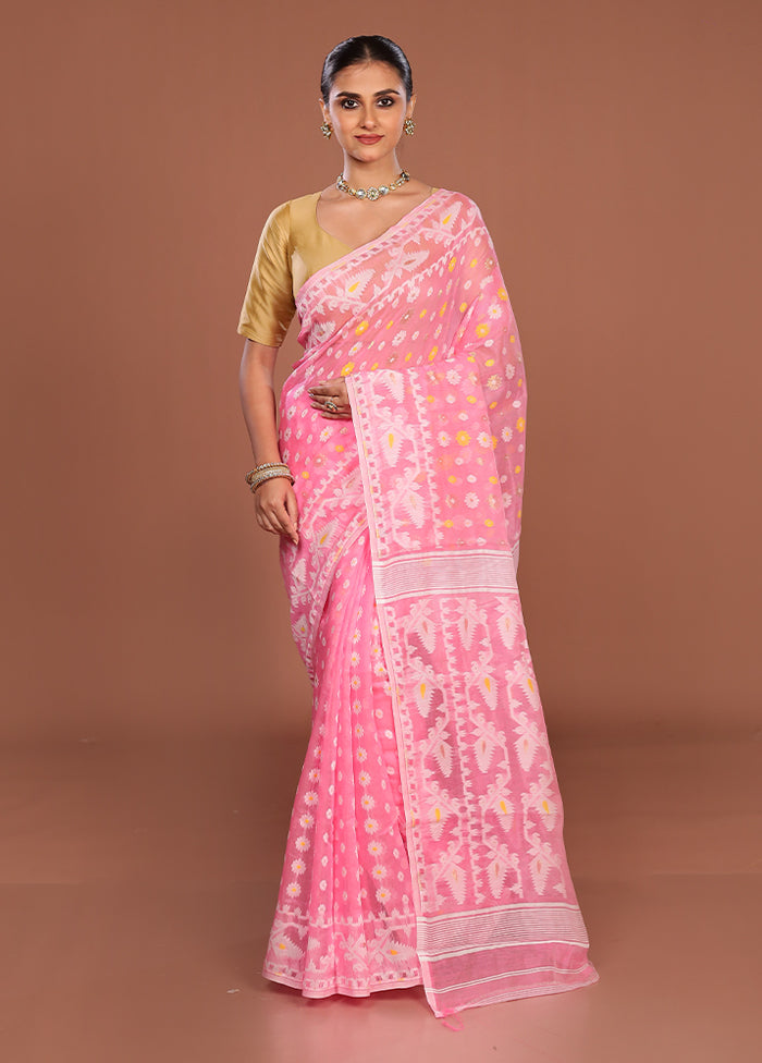Pink Jamdani Cotton Saree Without Blouse Piece