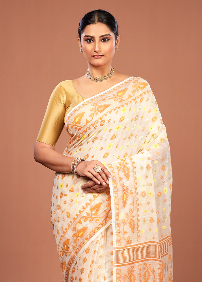 Cream Jamdani Cotton Saree Without Blouse Piece