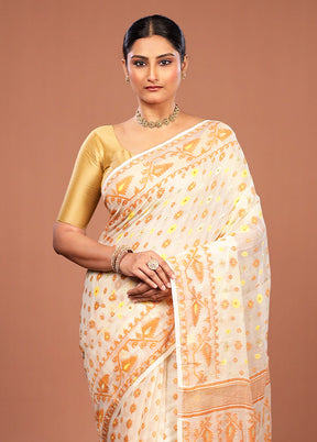 Cream Jamdani Cotton Saree Without Blouse Piece