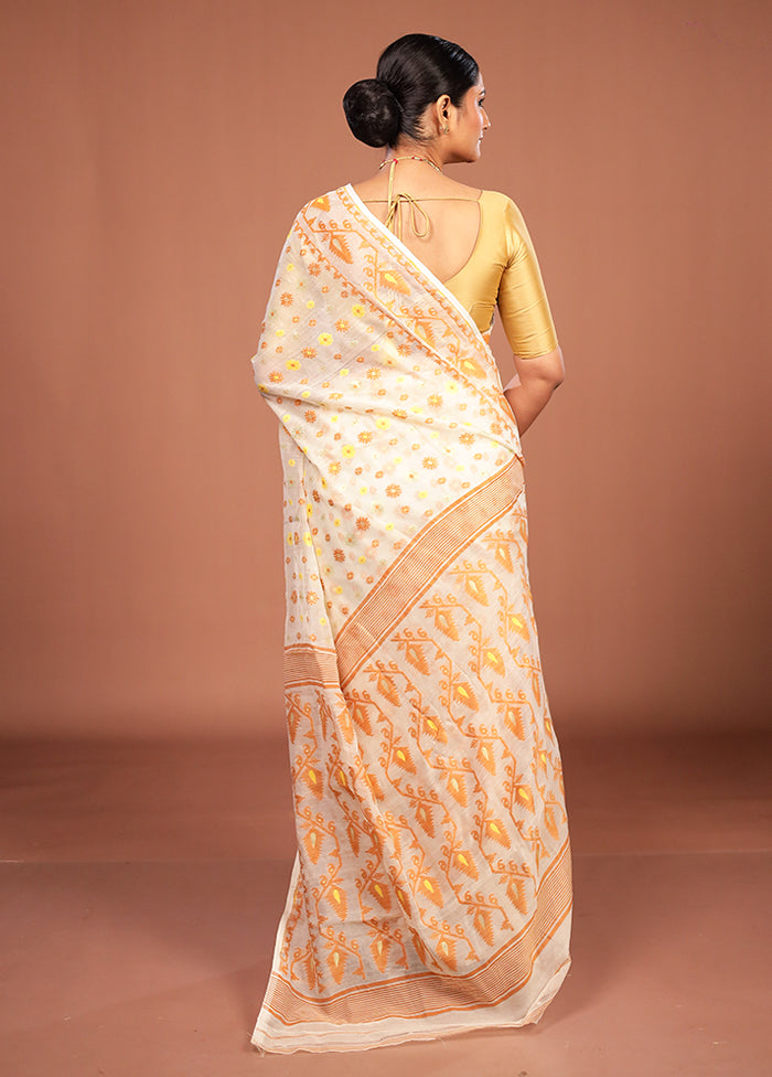 Cream Jamdani Cotton Saree Without Blouse Piece